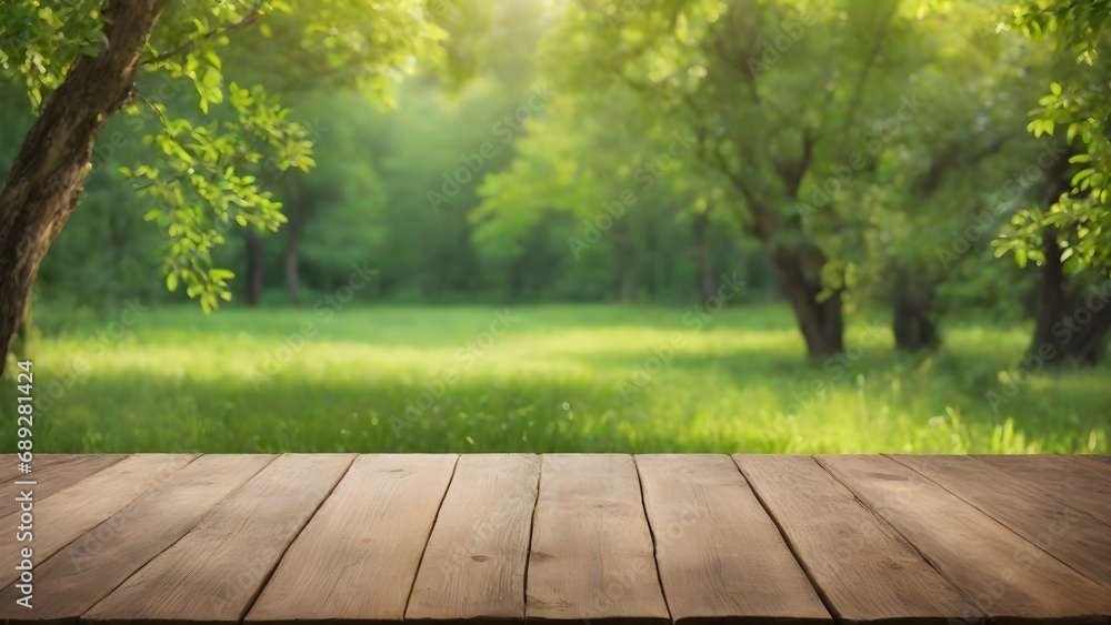 Sticker Brown wood table in green blur nature background with empty copy space on the table for product display mockup.