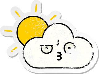 distressed sticker of a cute cartoon sunshine and cloud