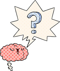 cartoon curious brain with speech bubble in comic book style