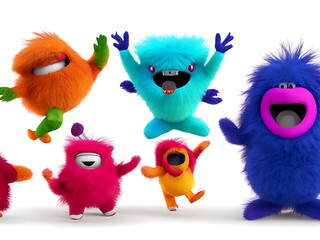 Fototapeta premium collection of Colorful furry and cute monster dancing and waving 3D render character cartoon style Isolated on transparent background