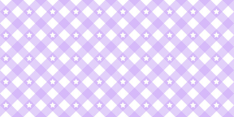 Gingham star diagonal seamless pattern in purple pastel color. Vichy plaid design for Easter holiday textile decorative. Vector checkered pattern for fabric - picnic blanket, tablecloth, dress, napkin