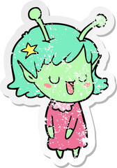 distressed sticker of a happy alien girl cartoon