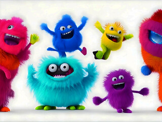 Fototapeta premium collection of Colorful furry and cute monster dancing and waving 3D render character cartoon style Isolated on transparent background