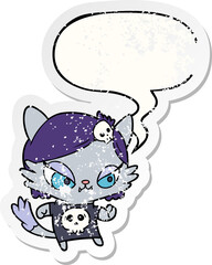 cute cartoon tough cat girl with speech bubble distressed distressed old sticker