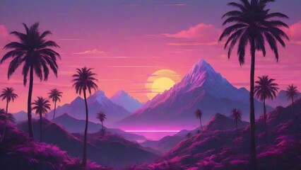 Neon Dreamscape hyper realistic valley. Neon lights and aesthetics - obrazy, fototapety, plakaty