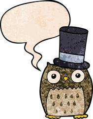 cartoon owl wearing top hat with speech bubble in retro texture style