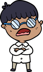 cartoon boy with crossed arms wearing spectacles