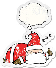 cartoon sleepy santa with thought bubble as a distressed worn sticker