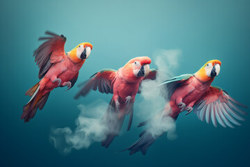 Three parrots flying throught smoke on a blue background.Minimal concept.Bold colors.