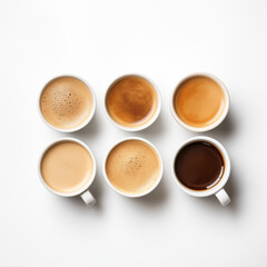 Flat lay with six cups of coffee on a white background.Natural colors.Minimal concept.