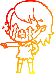 warm gradient line drawing of a cartoon crying vampire girl