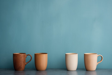 Four cups on a blue background.Brown and blue color combination.Natural colors.Minimal concept.
