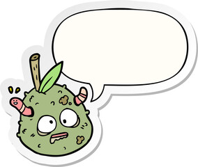 cartoon rotting old pear with worm with speech bubble sticker