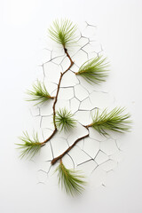Pine tree branches growing through broken wall.White and green color combination.Minimal concept.