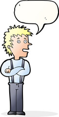cartoon boy with folded arms with speech bubble