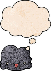 cartoon tiny happy cloud with thought bubble in grunge texture style