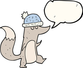 freehand drawn speech bubble cartoon little wolf wearing hat