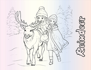 Christmas Girl And Reindeer Coloring Pages Drawing For Kids