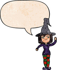 cartoon witch with speech bubble in retro texture style