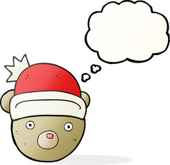 freehand drawn thought bubble cartoon teddy bear wearing christmas hat