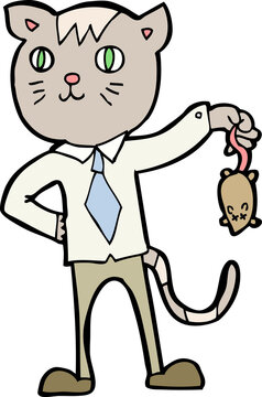 cartoon business cat with dead mouse