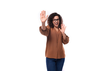 young successful stylish caucasian leader woman dressed in brown blouse