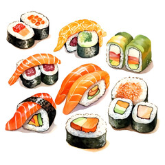 Sushi Japanese food in watercolor illustration 
