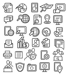 Set of 30 outline icons of varied themes, documents, people. money, location, editable linear icons collection. Vector illustration.