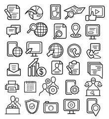 Set of 30 outline icons of varied themes, documents, people. money, location, editable linear icons collection. Vector illustration.