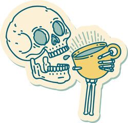 sticker of tattoo in traditional style of a skull drinking coffee