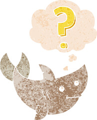 cartoon shark asking question with thought bubble in grunge distressed retro textured style