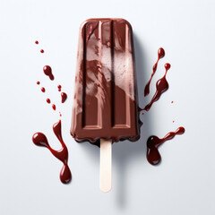 Popsicle in chocolate glaze on a white background, drops of chocolate