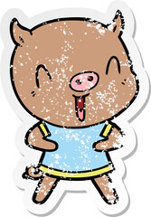 distressed sticker of a happy cartoon pig