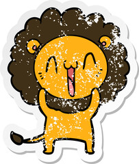 distressed sticker of a happy cartoon lion