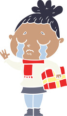 flat color style cartoon crying woman with christmas gift