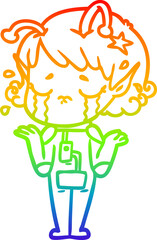 rainbow gradient line drawing of a cartoon crying alien girl