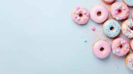 Background with donuts in pink glaze on a blue background - obrazy, fototapety, plakaty