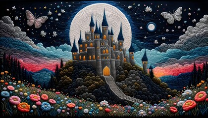 Beautiful Fairytale Castle Moon Sky Landscape Embroidery 