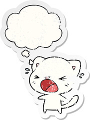 cartoon cat crying with thought bubble as a distressed worn sticker