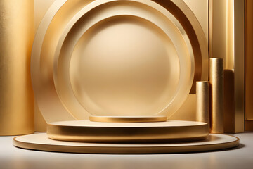 3d render, abstract minimal geometric forms. Glossy golden luxury podium for your design, cosmetic...