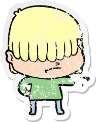 distressed sticker of a cartoon boy with untidy hair