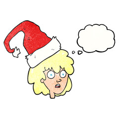 freehand drawn thought bubble textured cartoon woman wearning santa hat