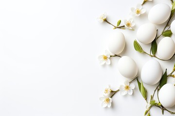 Minimalistic Easter background, white background eggs flowers plants grass