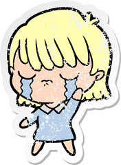 distressed sticker of a cartoon woman crying