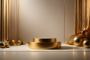 3d render, abstract minimal geometric forms. Glossy golden luxury podium for your design, cosmetic product display