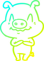 cold gradient line drawing of a nervous cartoon pig
