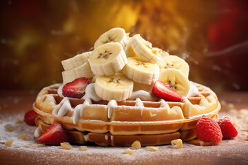 A close-up of a waffle with sliced bananas, strawberries, and whipped cream, Generative AI