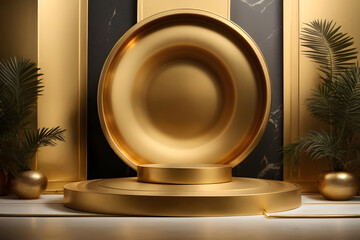 3d render, abstract minimal geometric forms. Glossy golden luxury podium for your design, cosmetic product display