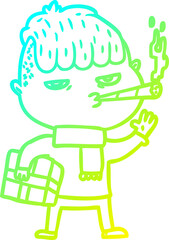 cold gradient line drawing of a cartoon man smoking carrying christmas gift