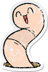 distressed sticker of a cartoon happy worm